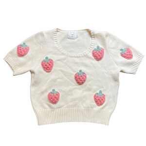 LUNA IVY Anthropologie Sweater Womens Sz XS Cream Crochet Strawberry